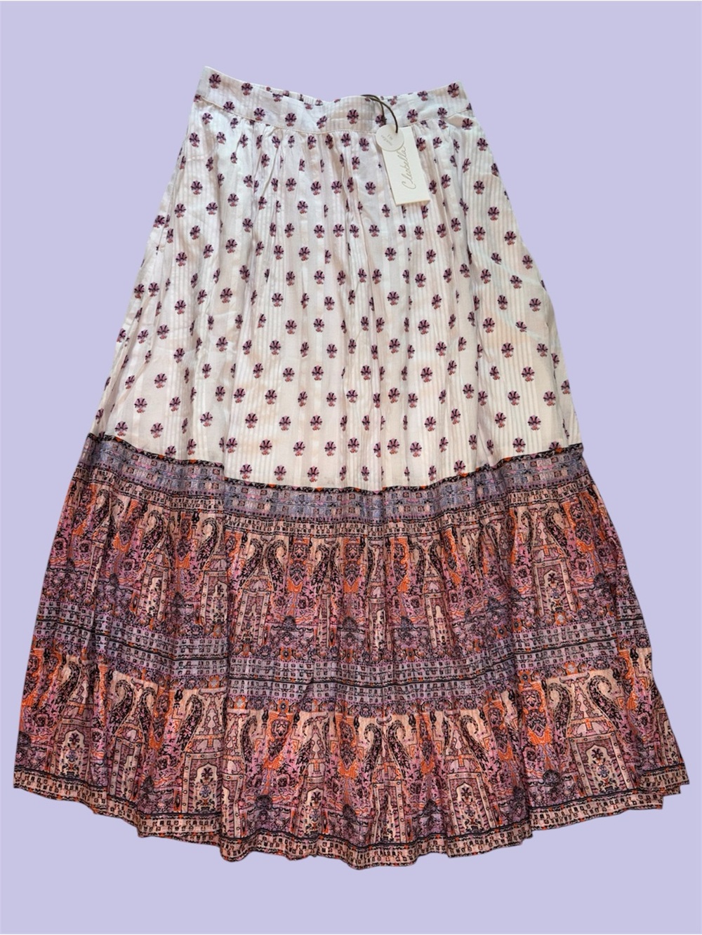 Cleobella Mahal Print Bohemian Reece Ankle Skirt in Purple Pink and Orange